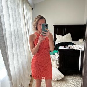 Lulus Love Poem coral orange lace mini dress